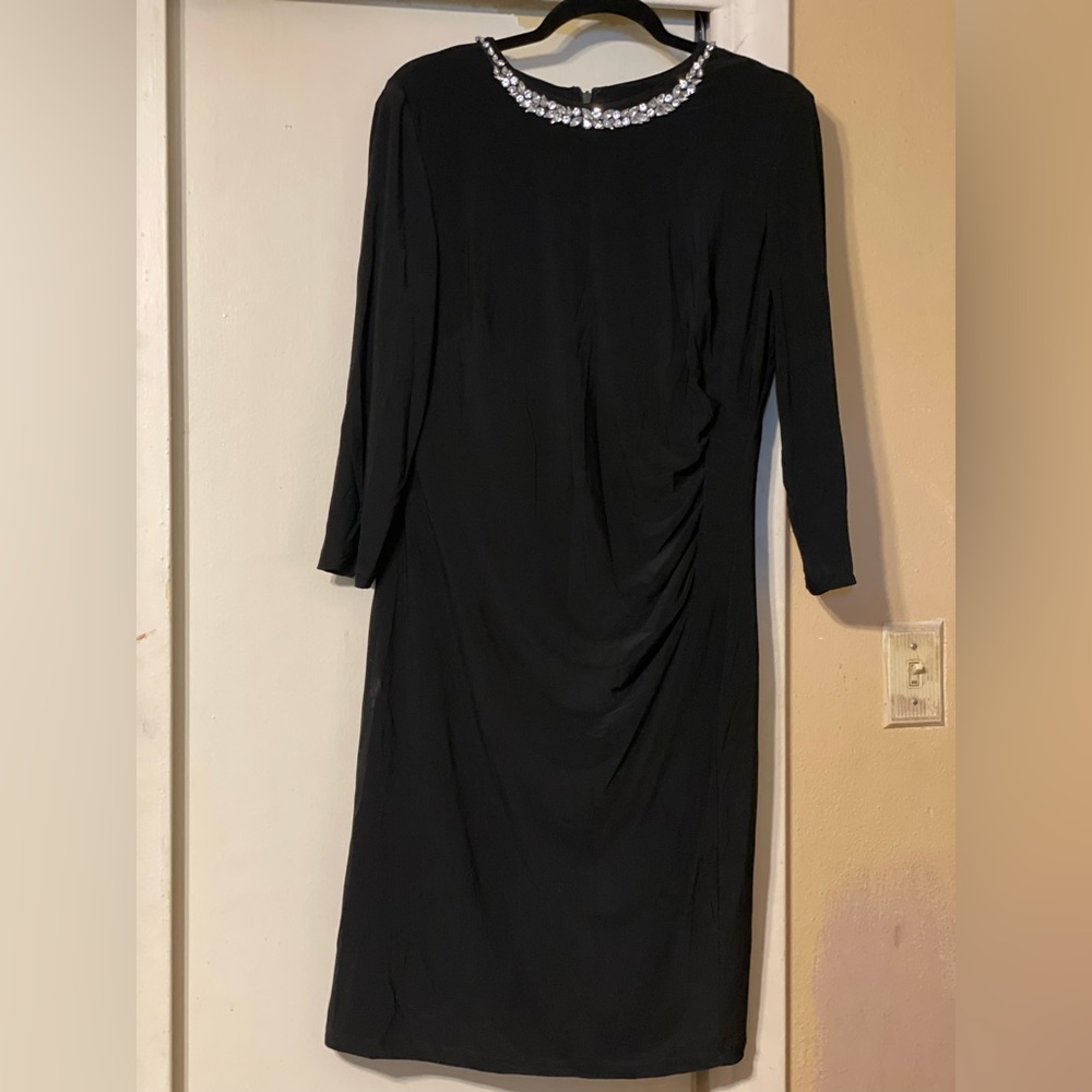 Lauren Ralph Lauren midi cocktail black dress with stone on neckline.